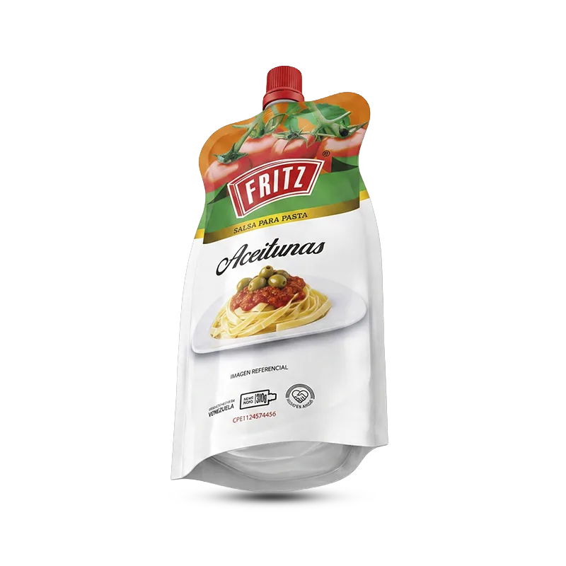 Doypack de Salsa para Pasta Aceitunas de Fritz de 310 gramos, vista en ángulo