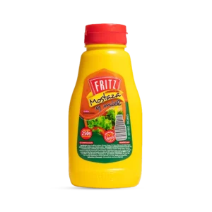 Aderezo de Mostaza y Miel Fritz 250 g en botella PET, recortado sobre fondo transparente