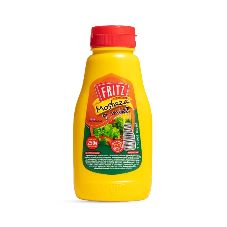 Aderezo de Mostaza y Miel Fritz 250 g en botella PET, recortado sobre fondo transparente