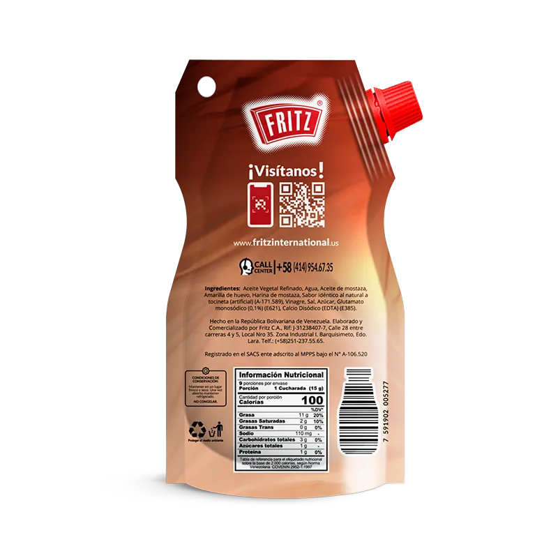 Reverso del doypack de Ahumadita Fritz con ingredientes, tabla nutricional y código QR