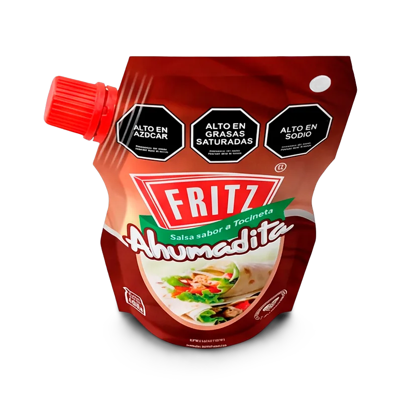 Doypack de Ahumadita Fritz de 145 gramos inclinado, mostrando la tapa dosificadora
