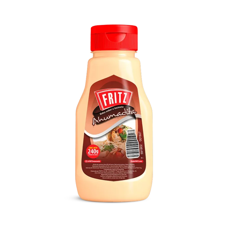 Botella PET de Ahumadita Fritz, salsa sabor a tocineta de 240 gramos, vista de frente