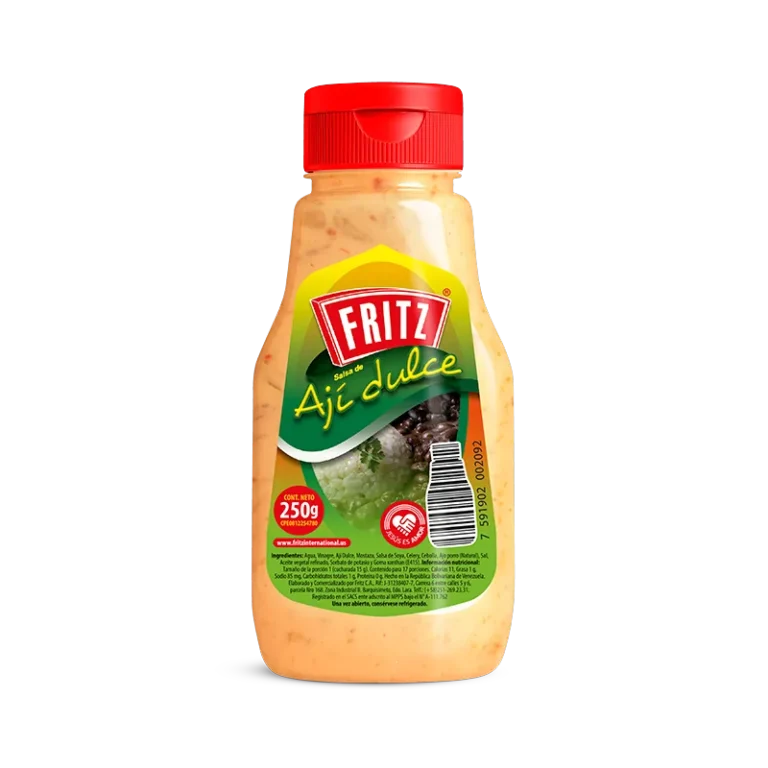 Botella PET de Salsa de Ají Dulce de Fritz de 250 gramos, vista de frente
