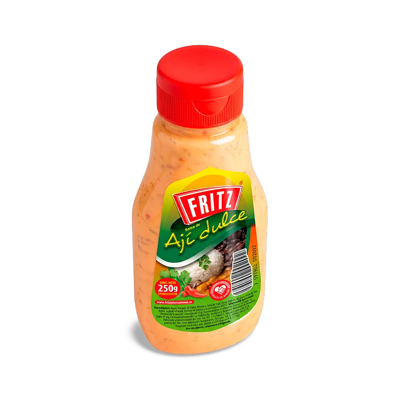 Botella PET de Salsa de Ají Dulce de Fritz de 250 gramos en posición diagonal