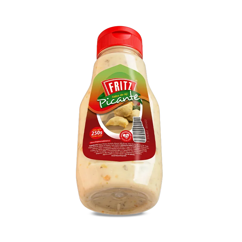 Botella PET de Salsa de Ají Picante de Fritz de 250 gramos en posición diagonal
