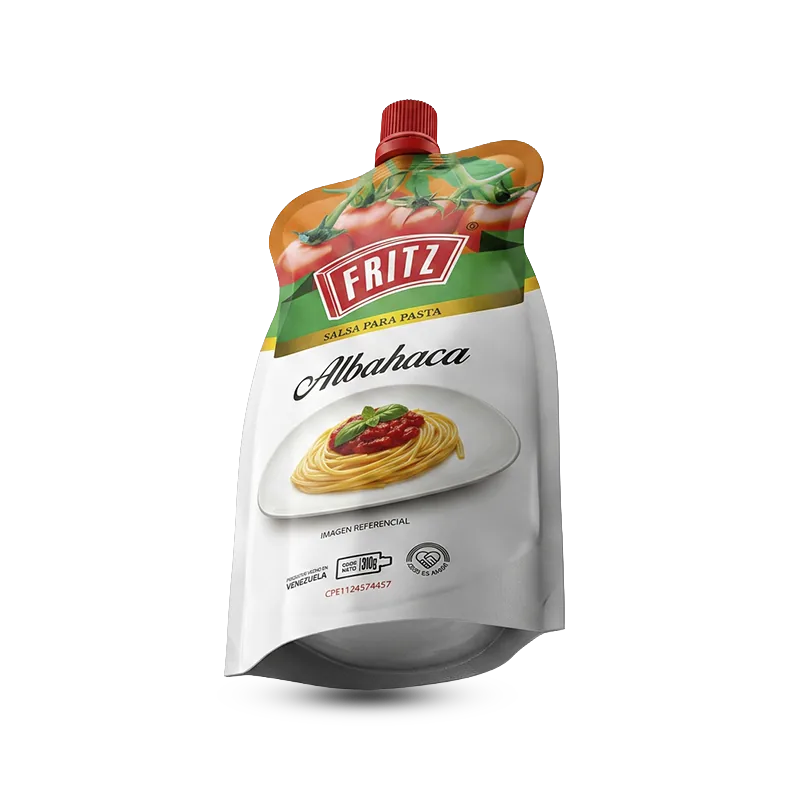 Doypack de Salsa para Pasta Albahaca de Fritz de 310 gramos, vista en ángulo