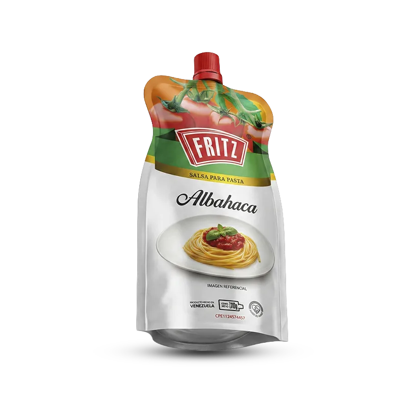 Doypack de Salsa para Pasta Albahaca de Fritz de 310 gramos, vista en ángulo