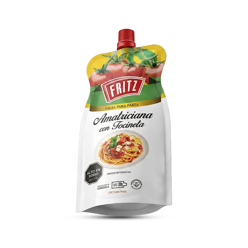 Doypack de Salsa Amatriciana con Tocineta de Fritz de 310 gramos, vista en ángulo