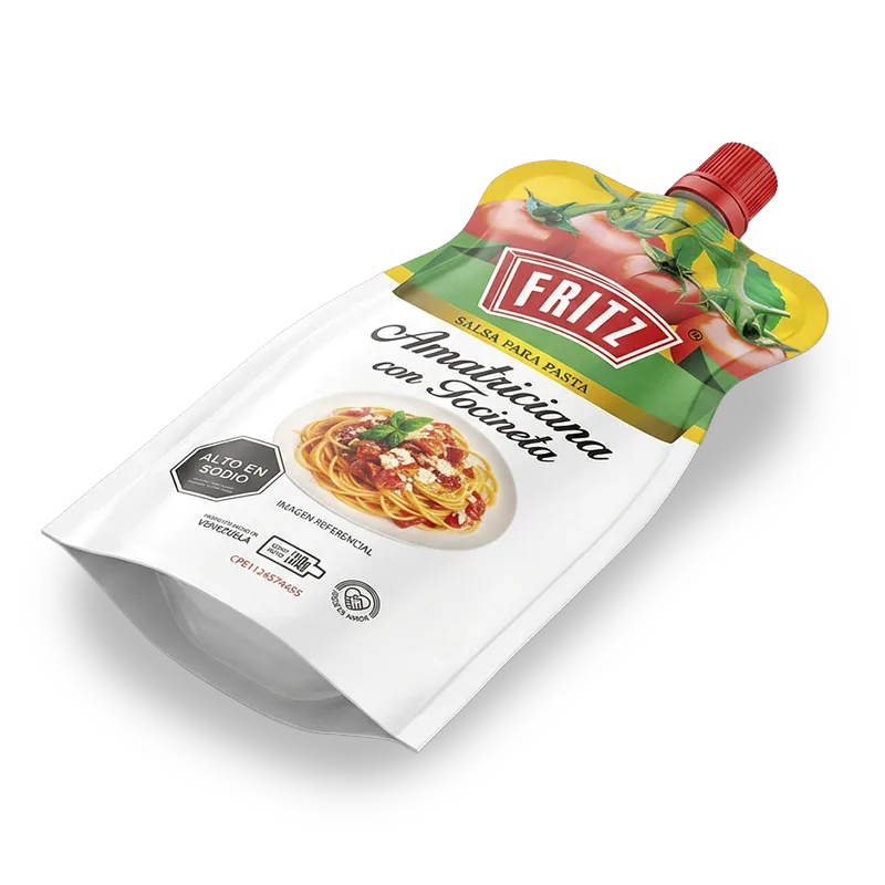 Doypack de Salsa Amatriciana con Tocineta de Fritz de 310 gramos, vista en ángulo