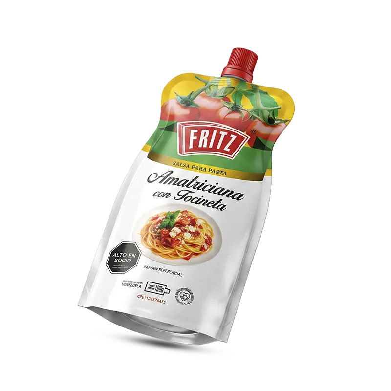 Doypack de Salsa Amatriciana con Tocineta de Fritz de 310 gramos, vista en ángulo