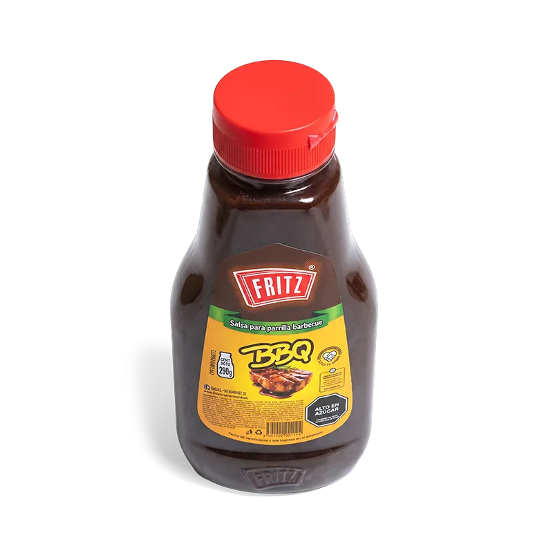Primer plano de la tapa roja de la botella de Salsa BBQ de Fritz