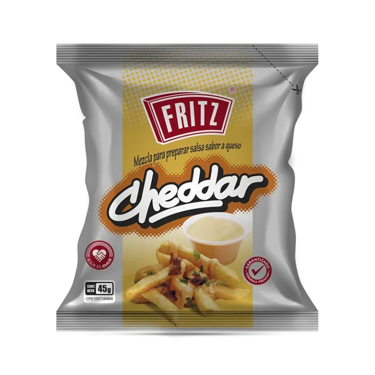 Sachet de Base Saborizada Cheddar de Fritz de 45 gramos, recortado sobre fondo transparente