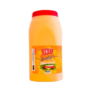 Galón de Cheddar Fritz de 3200 gramos visto de frente, con asa lateral