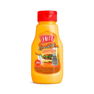 Botella PET de Cheddar Fritz de 240 gramos vista de frente, con la salsa color naranja