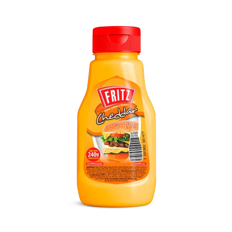 Botella PET de Cheddar Fritz de 240 gramos vista de frente, con la salsa color naranja