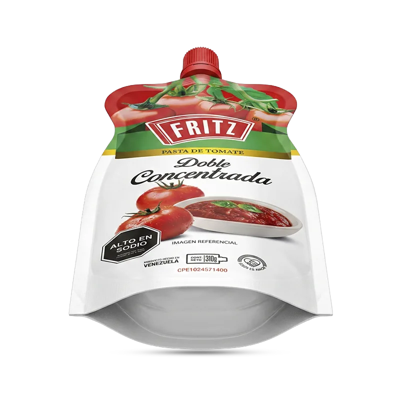 Doypack de Pasta de Tomate Doble Concentrada de Fritz de 310 gramos, vista en ángulo
