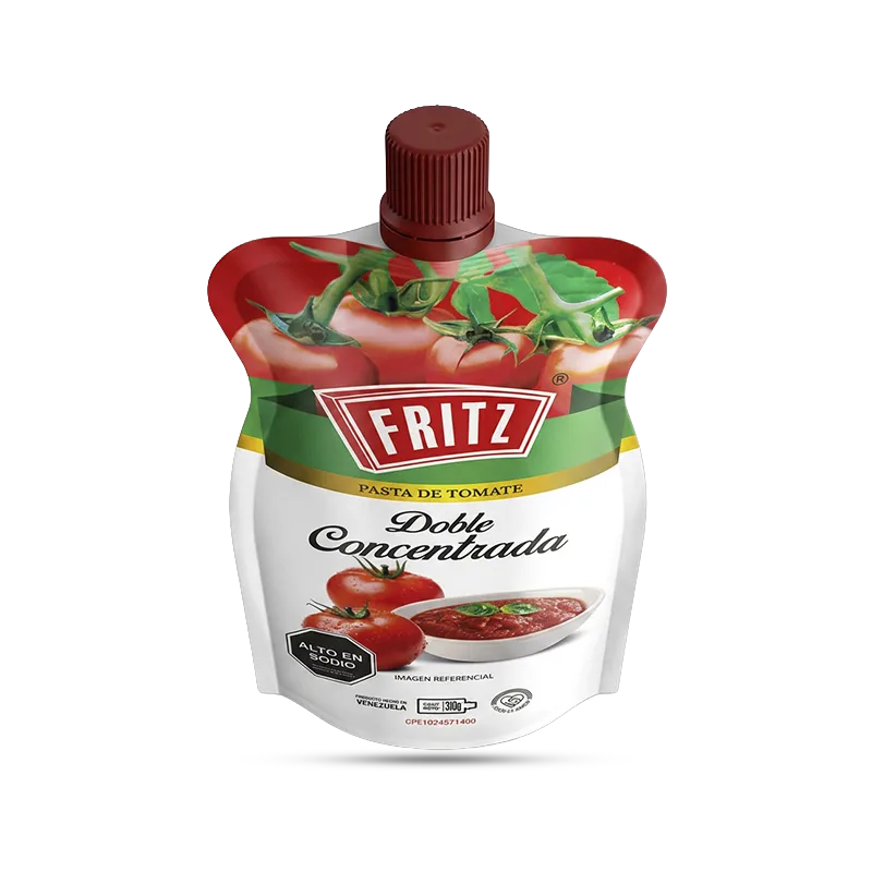 Doypack de Pasta de Tomate Doble Concentrada de Fritz de 310 gramos, vista en ángulo