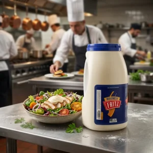 Mayonesa Fritz 1600 g en medio galón con asa, sobre fondo blanco