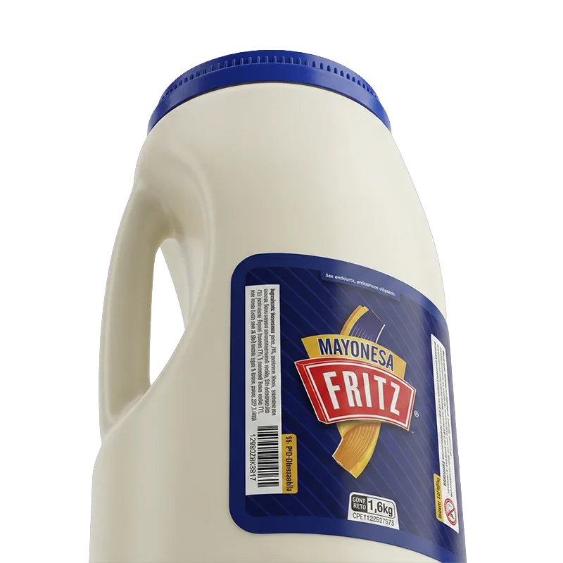 Mayonesa Fritz 1600 g en medio galón con asa, recortado sobre fondo transparente