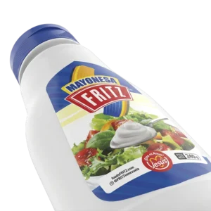 Mayonesa Fritz 240 g en botella PET, recortado sobre fondo transparente