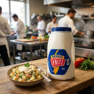 Mayonesa Fritz 3350 g en galón con asa, sobre fondo blanco
