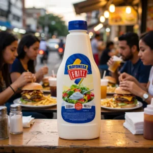 Mayonesa Fritz 750 g en envase homotético, sobre fondo blanco