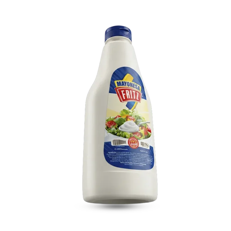 Mayonesa Fritz 750 g en envase homotético, recortado sobre fondo transparente