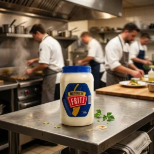 Mayonesa Fritz 850 g en pote, sobre fondo blanco