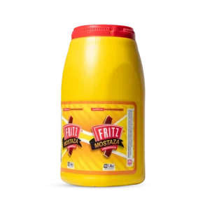 Mostaza Fritz 1800 g en medio galón con asa, recortado sobre fondo transparente
