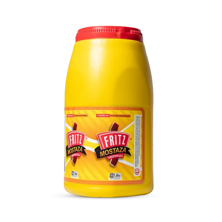 Mostaza Fritz 1800 g en medio galón con asa, recortado sobre fondo transparente