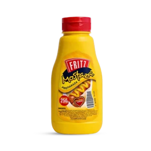 Mostaza Fritz 250 g en botella PET, recortado sobre fondo transparente