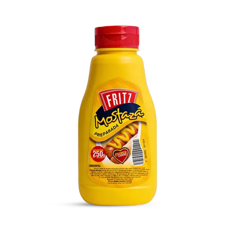 Mostaza Fritz 250 g en botella PET, recortado sobre fondo transparente
