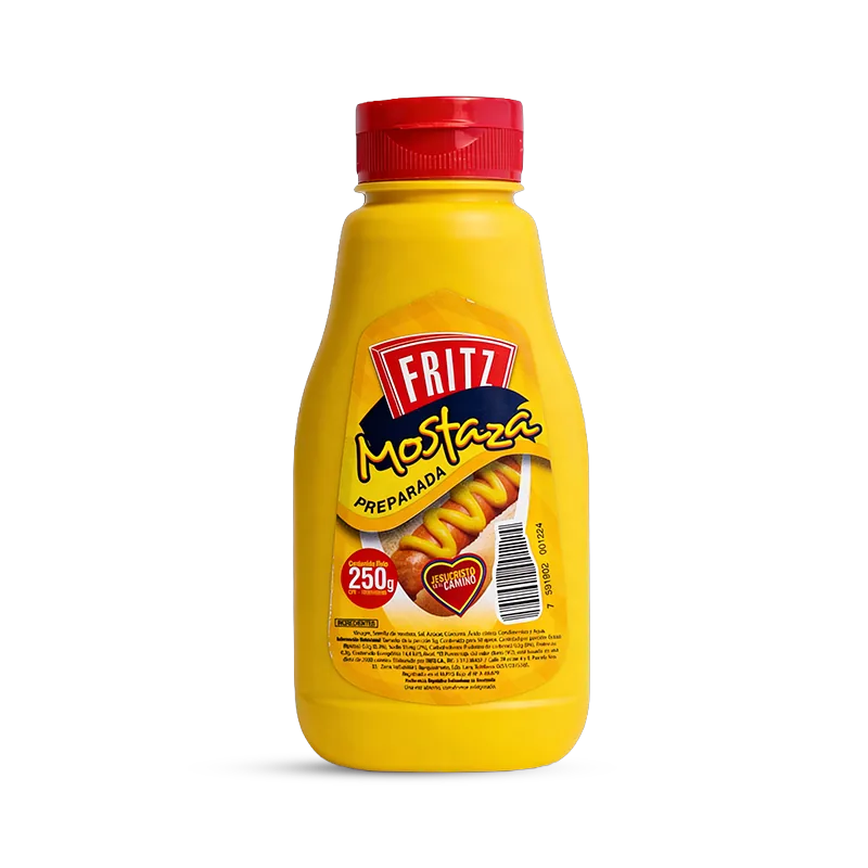 Mostaza Fritz 250 g en botella PET, recortado sobre fondo transparente