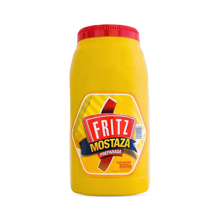 Mostaza Fritz 3600 g en galón con asa, recortado sobre fondo transparente