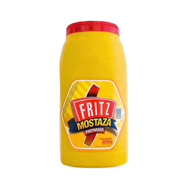 Mostaza Fritz 3600 g en galón con asa, recortado sobre fondo transparente
