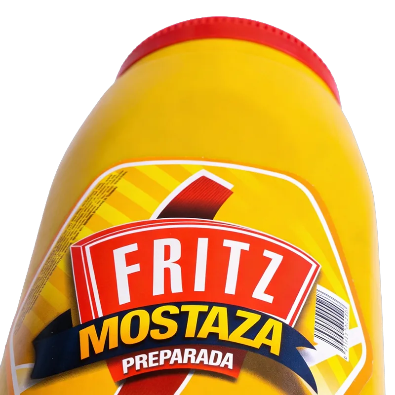 Mostaza Fritz 3600 g en galón con asa, recortado sobre fondo transparente