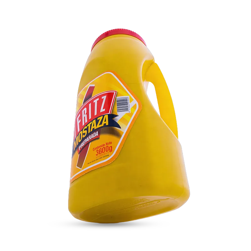 Mostaza Fritz 3600 g en galón con asa, recortado sobre fondo transparente