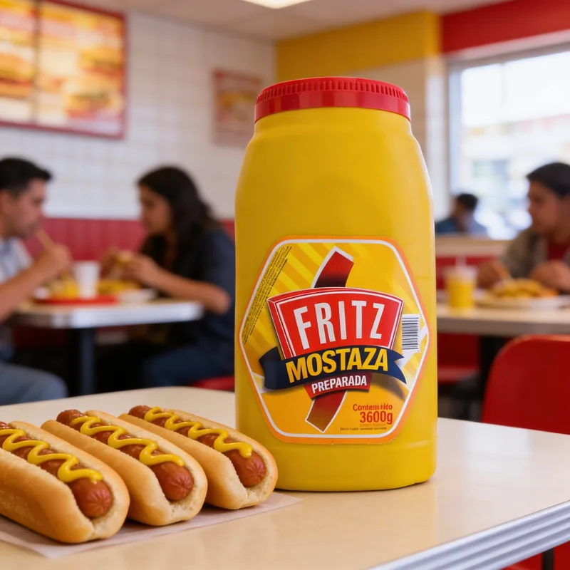 Mostaza Fritz 3600 g en una mesa, junto a un plato servido