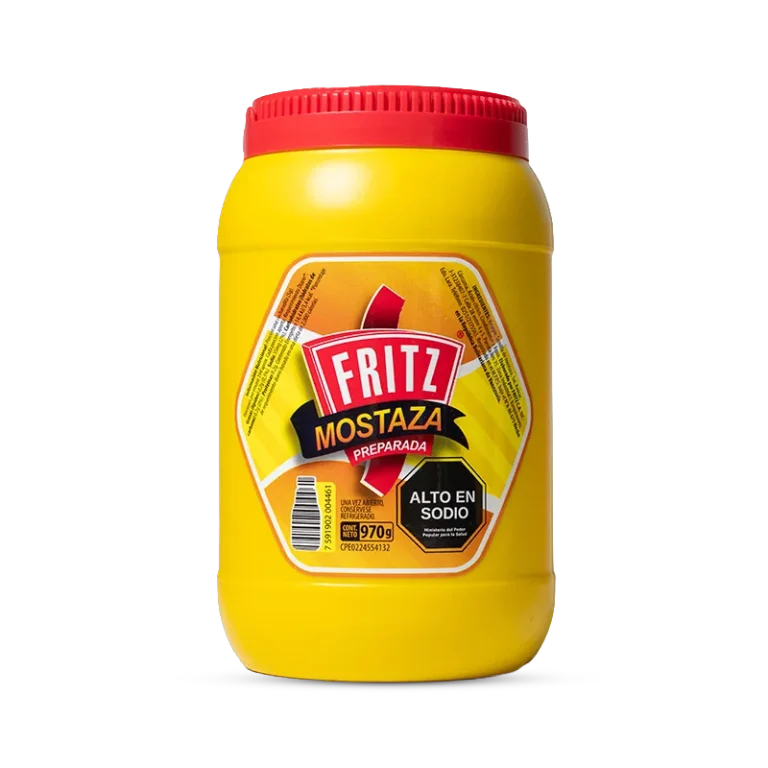 Mostaza Fritz 970 g en pote, recortado sobre fondo transparente