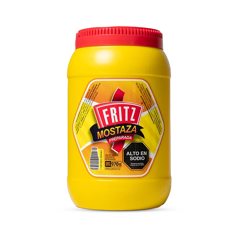 Mostaza Fritz 970 g en pote, recortado sobre fondo transparente
