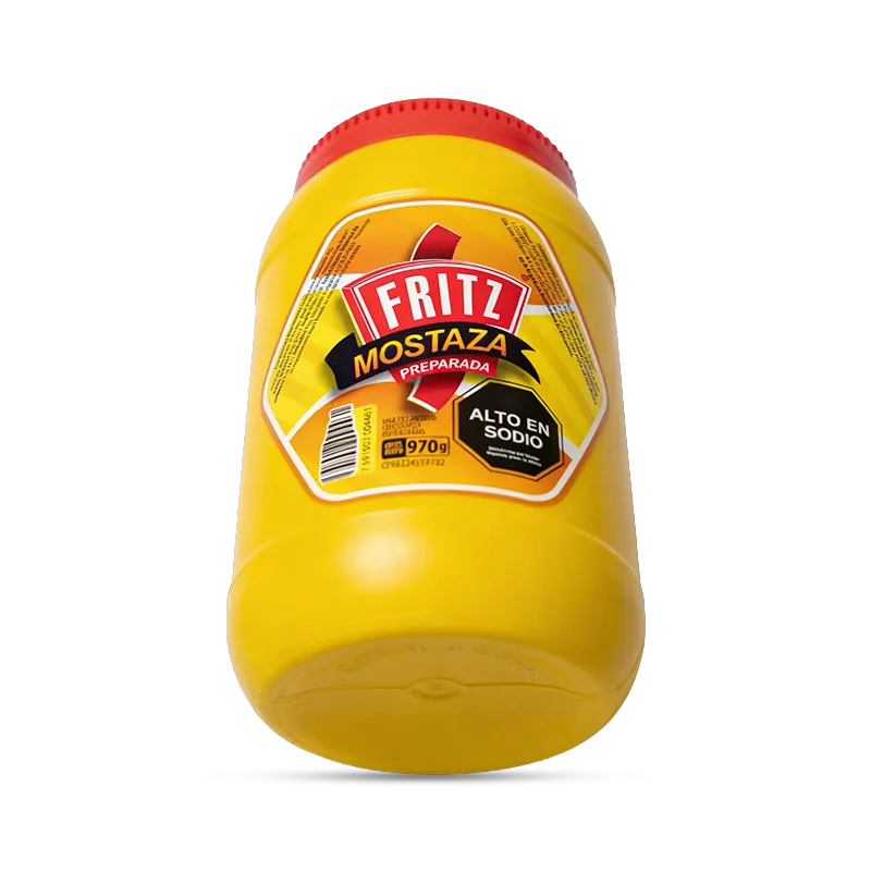 Mostaza Fritz 970 g en pote, recortado sobre fondo transparente