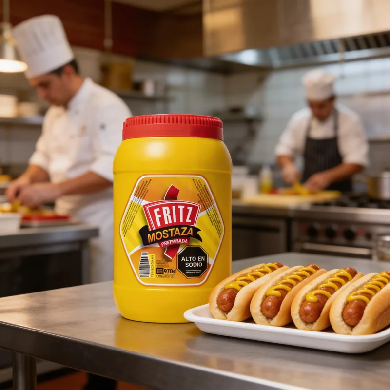 Mostaza Fritz 970 g en una mesa, junto a un plato servido