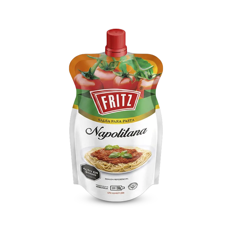 Doypack de Salsa para Pasta Napolitana de Fritz de 310 gramos, vista en ángulo