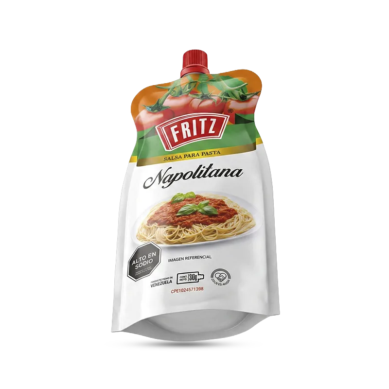 Doypack de Salsa para Pasta Napolitana de Fritz de 310 gramos, vista en ángulo