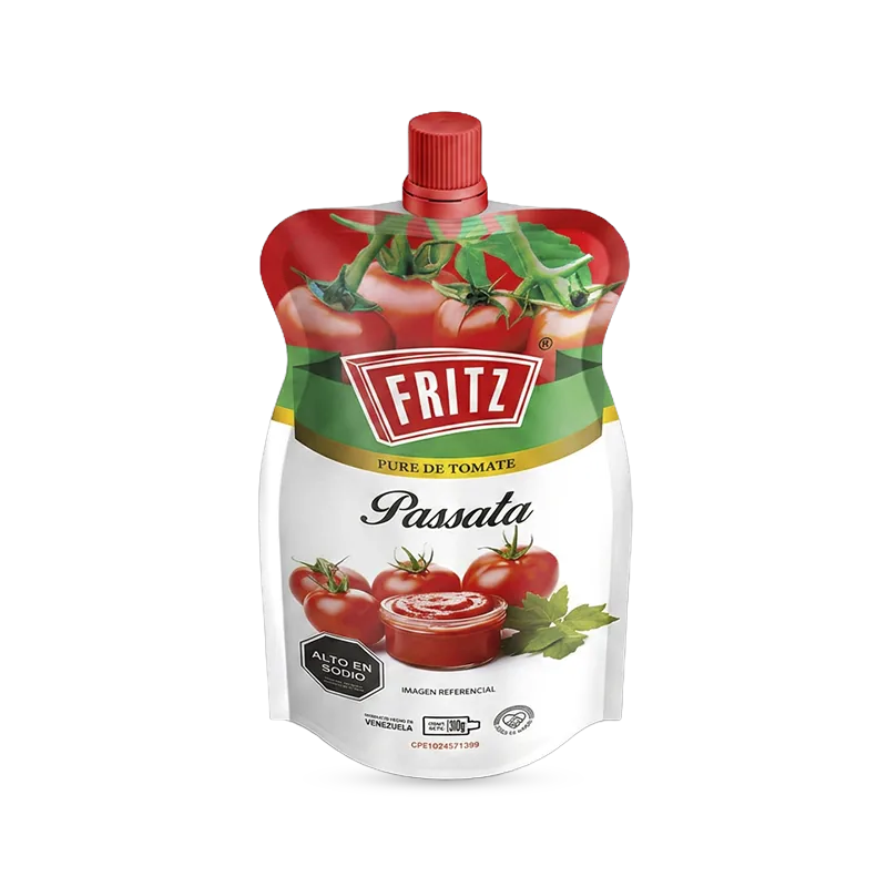 Doypack de Puré de Tomate Passata de Fritz de 310 gramos, vista en ángulo