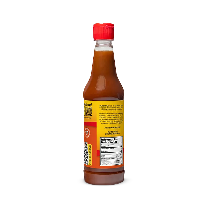 Reverso de la botella de Salsa Picantico Criollo de Fritz con ingredientes y tabla nutricional