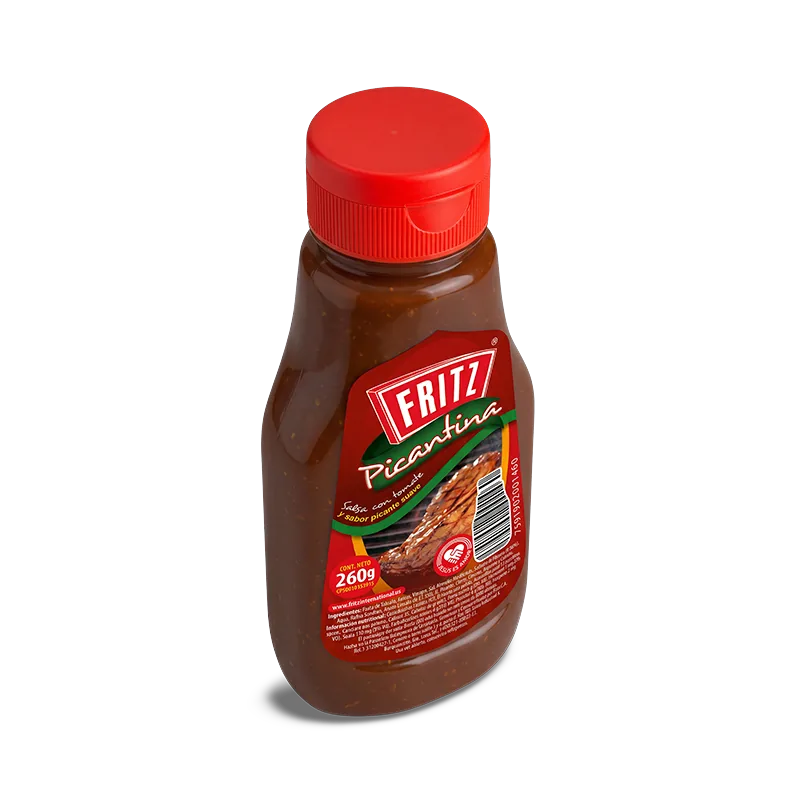 Botella PET de Picantina de Fritz de 260 gramos inclinada sobre fondo blanco
