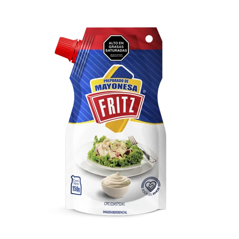 Preparado de Mayonesa Fritz 150 g en doypack, sobre fondo blanco