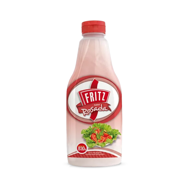 Envase homotético de Salsa Rosada de Fritz de 830 gramos, visto de frente