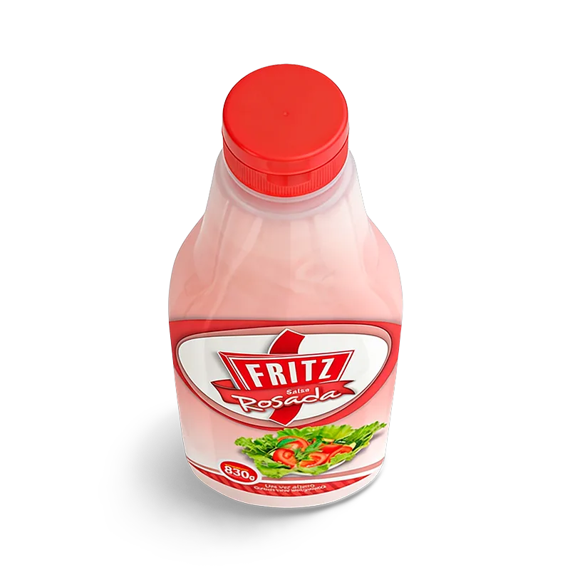 Envase de Salsa Rosada de Fritz de 830 gramos inclinado sobre fondo blanco